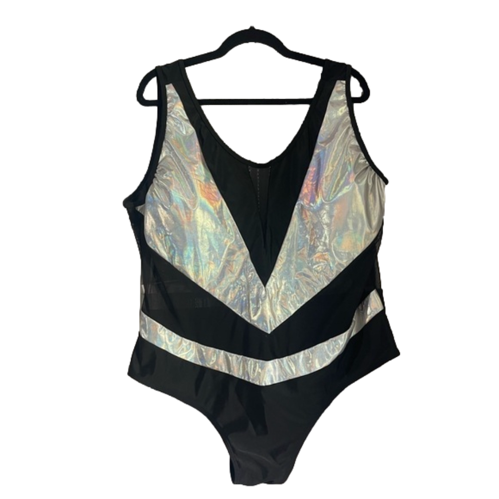 Black One-Piece Swimsuit with Iridescent Silver Panels